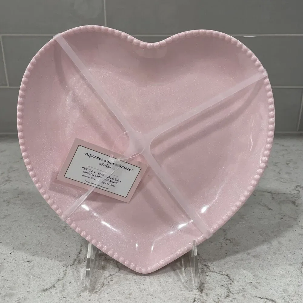 Set 4 PINK SHIMMER 9” Heart Shaped Melamine Plates Valentines Cupcakes Cashmere - Picture 1 of 5